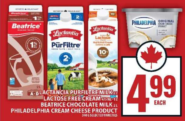 Lactancia PurFiltre Milk, Lactose Free Cream, Beatrice Chocolate Milk, Philadelphia Cream Cheese Product