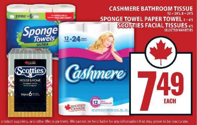 Cashmere Bathroom Tissue, Sponge Towel Paper Towel, Scotties Facial Tissues