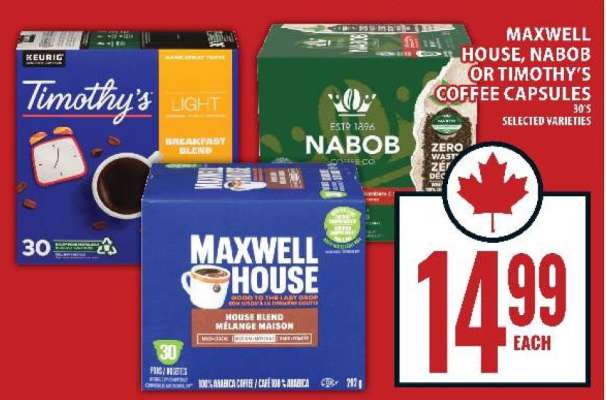 Maxwell House, Nabob or Timothy's Coffee Capsules