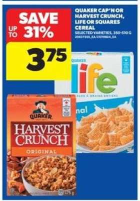 Quaker Cap'n or Harvest Crunch, Life or Squares Cereal