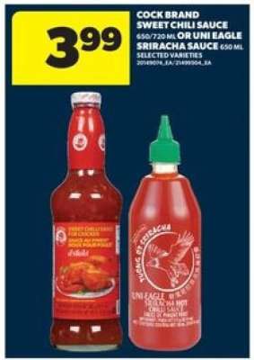 Cock Brand Sweet Chili Sauce or Uni Eagle Sriracha Sauce