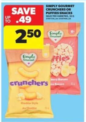 SIMPLY GOURMET CRUNCHERS OR PUFFIES SNACKS