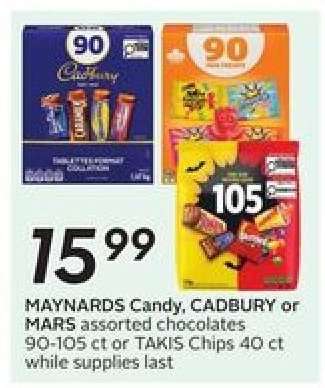 MAYNARDS Candy, CADBURY or MARS assorted chocolates 90-105 ct or TAKIS Chips 40 ct