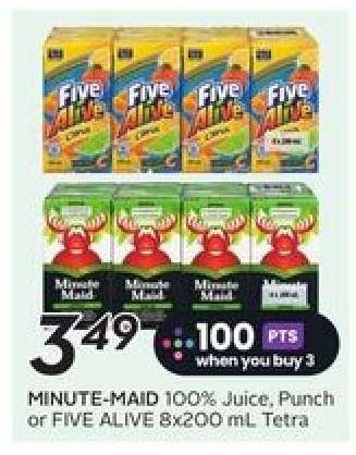 MINUTE-MAID 100% Juice, Punch or FIVE ALIVE 8x200 mL Tetra
