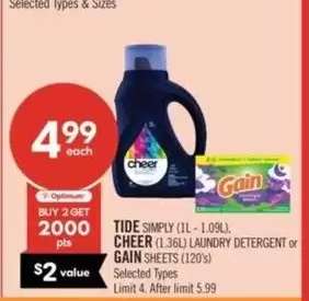 TIDE SIMPLY (1L - 1.09L), CHEER (1.36L) LAUNDRY DETERGENT or GAIN SHEETS (120's)