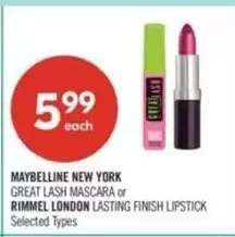 MAYBELLINE NEW YORK GREAT LASH Mascara or RIMMEL LONDON LASTING FINISH Lipstick