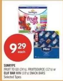 SUNRYPE FRUIT TO GO (24's), FRUITSOURCE (12's) or CLIF BAR MINI (10's) SNACK BARS