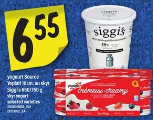 yogourt Source Yoplait 16 un. ou skyr Siggi's 650/750 g
