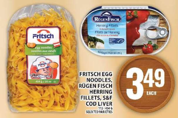 Fritsch Egg Noodles, Rügen Fisch Herring Fillets, S&F Cod Liver