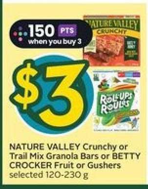 NATURE VALLEY Crunchy or Trail Mix Granola Bars or BETTY CROCKER Fruit or Gushers