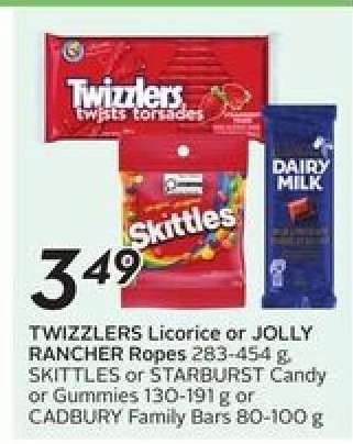 TWIZZLERS Licorice or JOLLY RANCHER Ropes, SKITTLES or STARBURST Candy or Gummies, CADBURY Family Bars