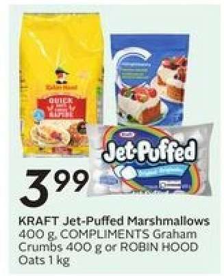 KRAFT Jet-Puffed Marshmallows, COMPLIMENTS Graham Crumbs, ROBIN HOOD Oats