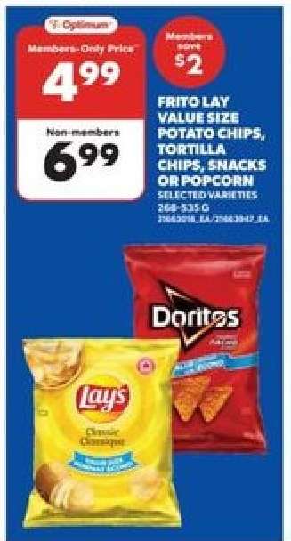 FRITO LAY VALUE SIZE POTATO CHIPS, TORTILLA CHIPS, SNACKS OR POPCORN